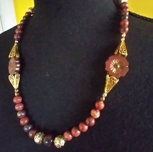 FALL 🍁 💥 23 " Poppy/Red Apple Jasper Deep Red Czech Glass🌺Flower Necklace 😯
